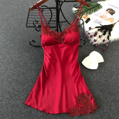 Women's Sexy Lingerie Silk Nightgown Summer Dress Lace Night Dress Sleepwear Babydoll Nightie Satin Homewear Chest Pad Nightwear