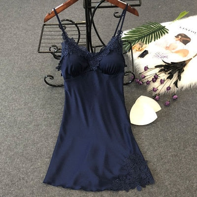 Women's Sexy Lingerie Silk Nightgown Summer Dress Lace Night Dress Sleepwear Babydoll Nightie Satin Homewear Chest Pad Nightwear
