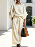 Fashion Casual Solid Color Lace Round Neck Loose Short Sleeve Pants Two-Piece Set