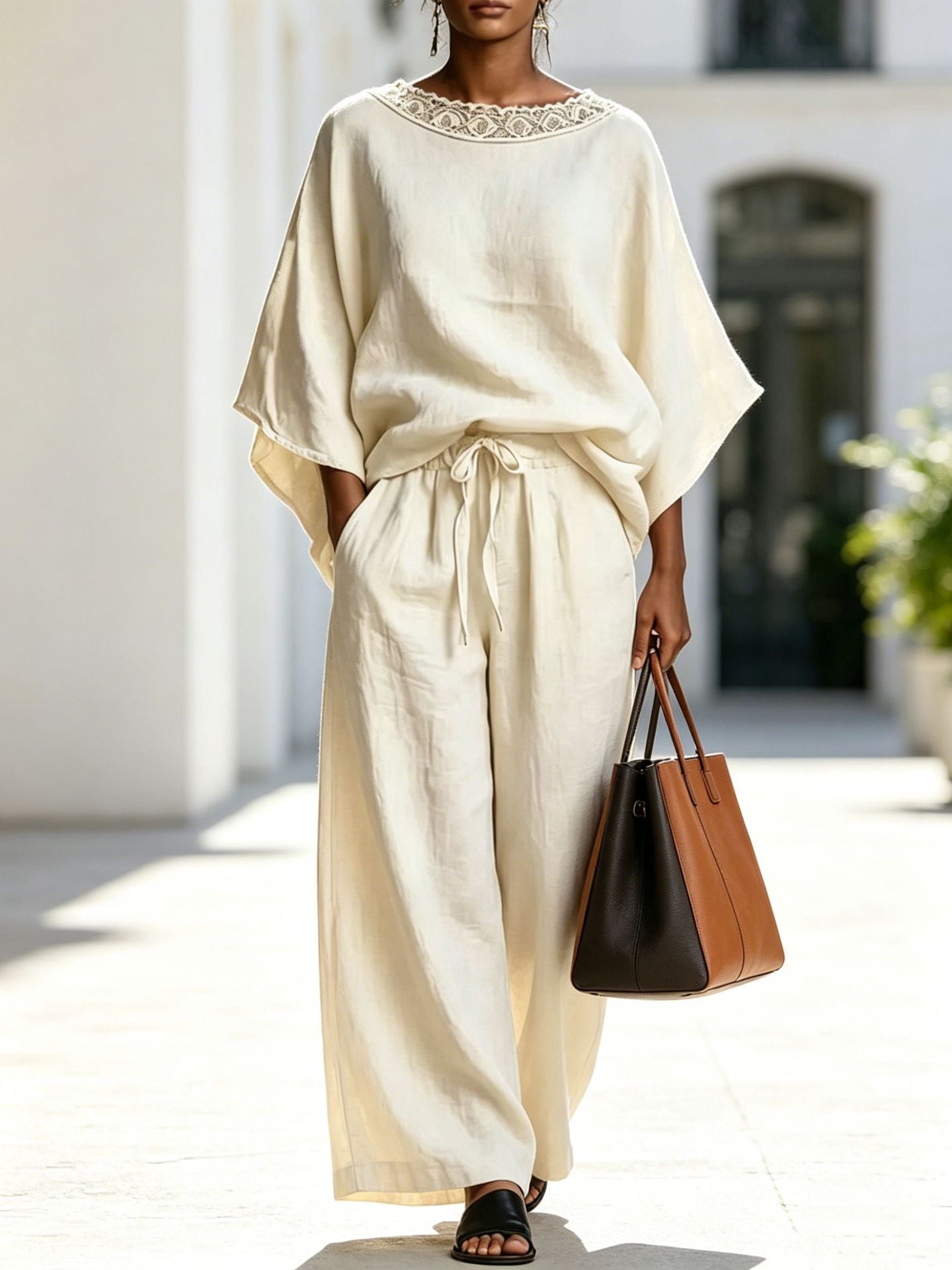 Fashion Casual Solid Color Lace Round Neck Loose Short Sleeve Pants Two-Piece Set
