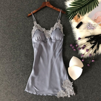 Women's Sexy Lingerie Silk Nightgown Summer Dress Lace Night Dress Sleepwear Babydoll Nightie Satin Homewear Chest Pad Nightwear