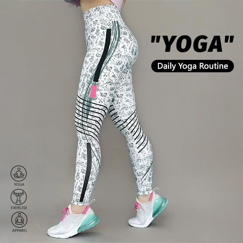High Elastic Printed Yoga Pants for Women, High Waist, Tummy Control, Fitted Leggings, Gym Workout Bottoms
