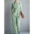 Fashionable Elegant Women's Casual Solid Color Suit Set with Belted Top and Pants