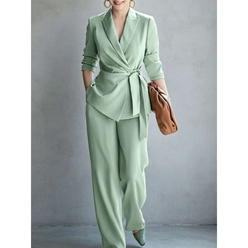 Fashionable Elegant Women's Casual Solid Color Suit Set with Belted Top and Pants