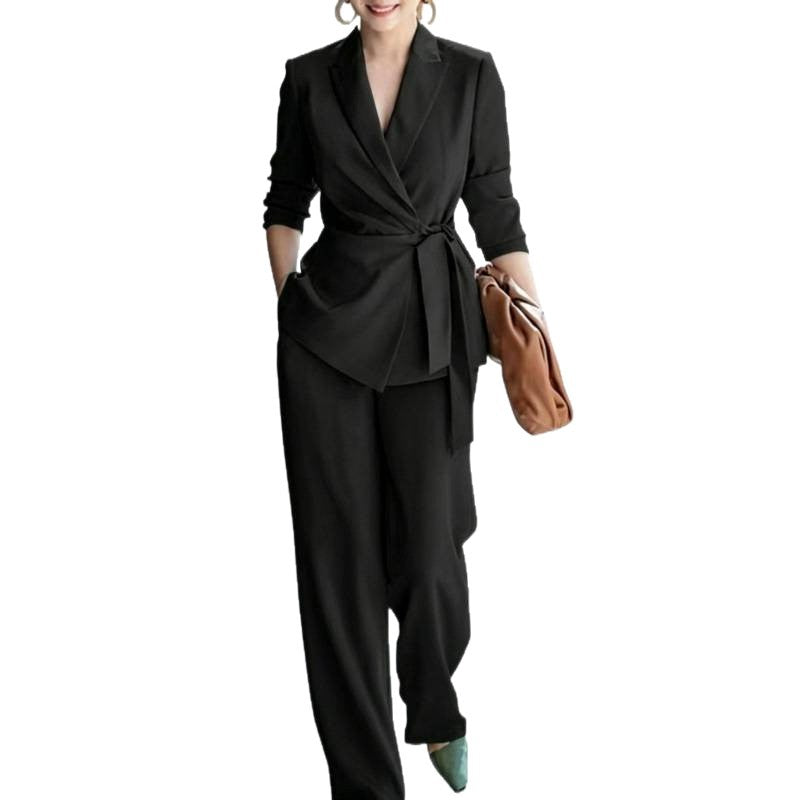 Fashionable Elegant Women's Casual Solid Color Suit Set with Belted Top and Pants